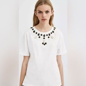 Zara Women’s Crewneck Short Sleeve Tee with Beads White Sz S